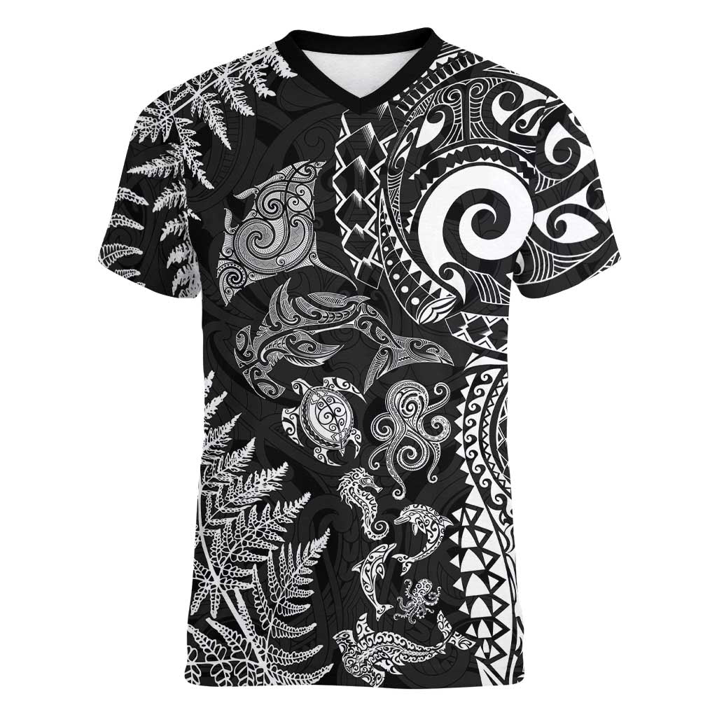 New Zealand Sea Animals Women V-Neck T-Shirt with Maori Koru Tribal Tattoo and Silver Ferns Black Color