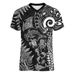 New Zealand Sea Animals Women V-Neck T-Shirt with Maori Koru Tribal Tattoo and Silver Ferns Black Color