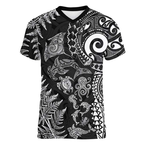 New Zealand Sea Animals Women V-Neck T-Shirt with Maori Koru Tribal Tattoo and Silver Ferns Black Color