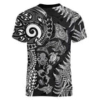 New Zealand Sea Animals Women V-Neck T-Shirt with Maori Koru Tribal Tattoo and Silver Ferns Black Color
