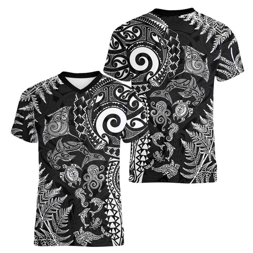 New Zealand Sea Animals Women V-Neck T-Shirt with Maori Koru Tribal Tattoo and Silver Ferns Black Color