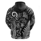 New Zealand Sea Animals Zip Hoodie with Maori Koru Tribal Tattoo and Silver Ferns Black Color