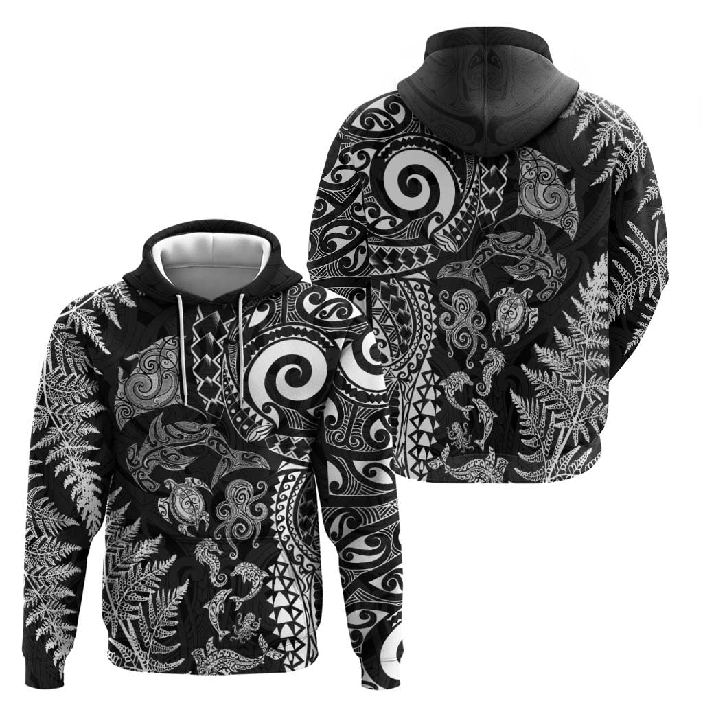 New Zealand Sea Animals Zip Hoodie with Maori Koru Tribal Tattoo and Silver Ferns Black Color