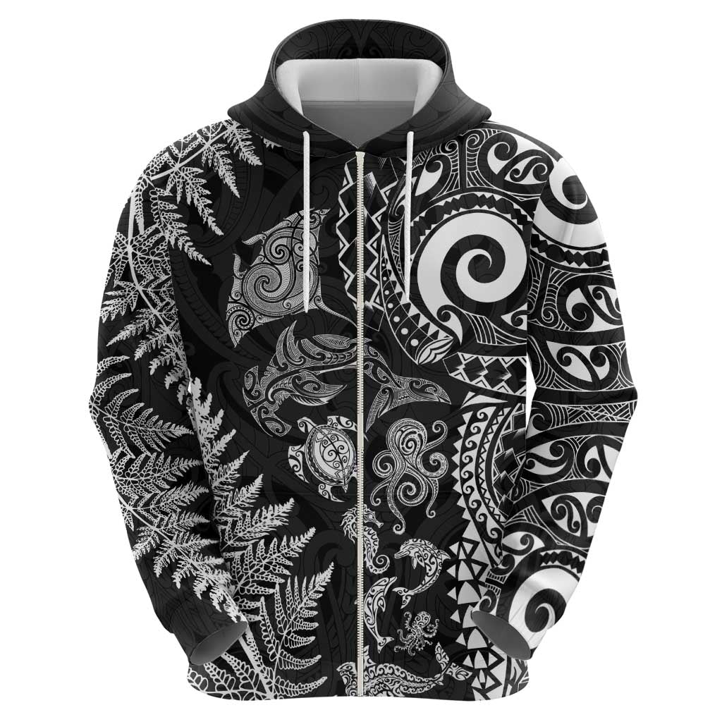 New Zealand Sea Animals Zip Hoodie with Maori Koru Tribal Tattoo and Silver Ferns Black Color