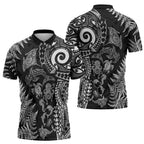New Zealand Sea Animals Zipper Polo Shirt with Maori Koru Tribal Tattoo and Silver Ferns Black Color