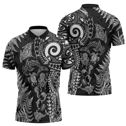 New Zealand Sea Animals Zipper Polo Shirt with Maori Koru Tribal Tattoo and Silver Ferns Black Color