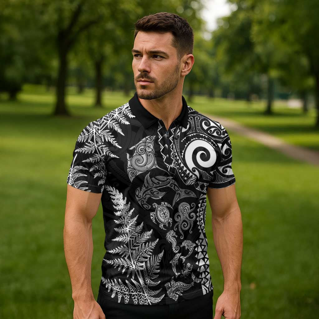 New Zealand Sea Animals Zipper Polo Shirt with Maori Koru Tribal Tattoo and Silver Ferns Black Color