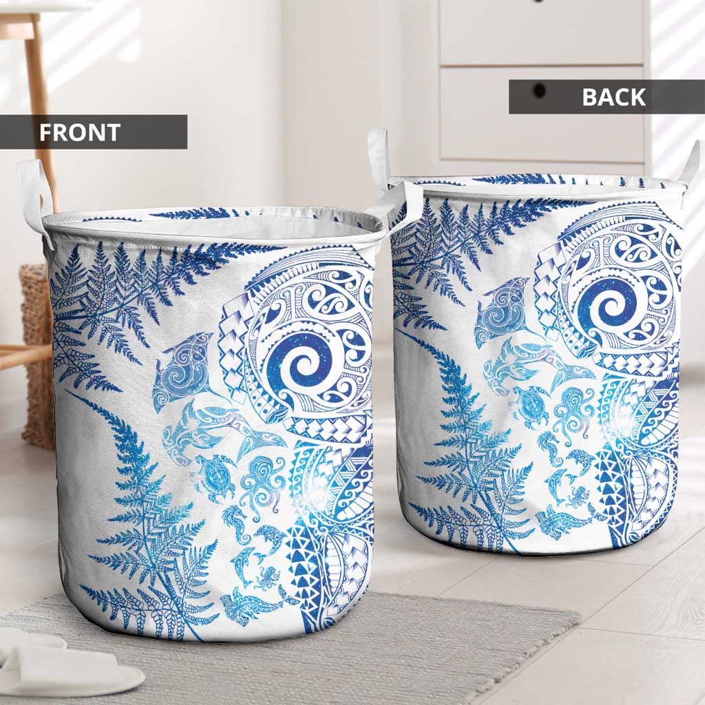 New Zealand Sea Animals Laundry Basket with Maori Koru Tribal Tattoo and Silver Ferns Galaxy Style