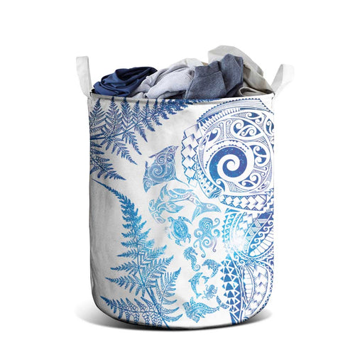 New Zealand Sea Animals Laundry Basket with Maori Koru Tribal Tattoo and Silver Ferns Galaxy Style