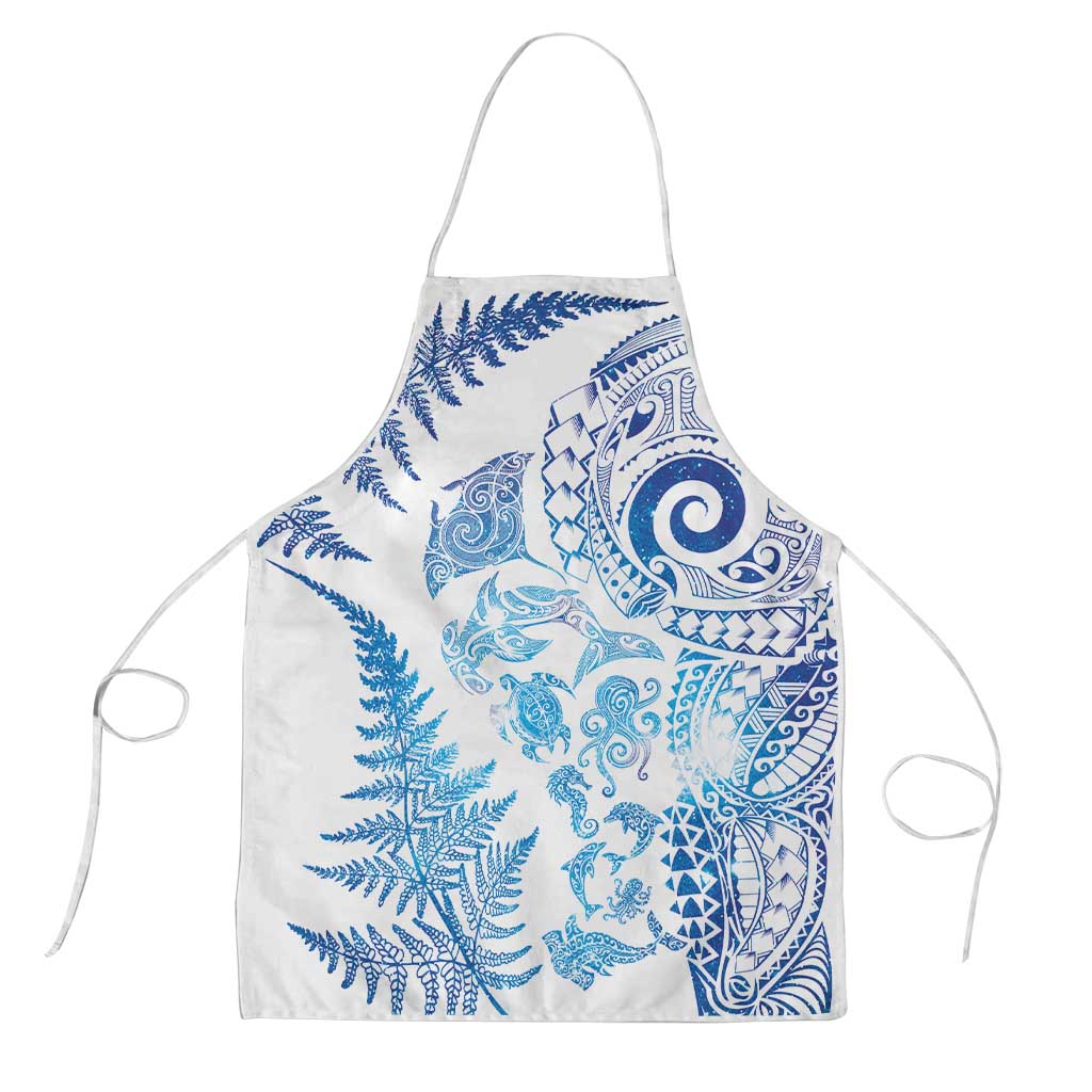 New Zealand Sea Animals Apron with Maori Koru Tribal Tattoo and Silver Ferns Galaxy Style