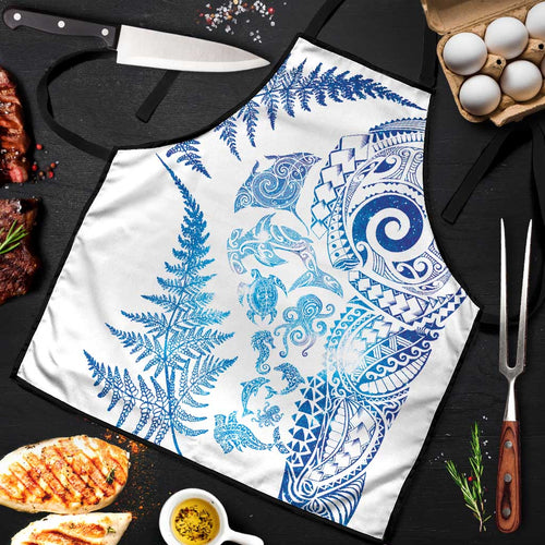 New Zealand Sea Animals Apron with Maori Koru Tribal Tattoo and Silver Ferns Galaxy Style