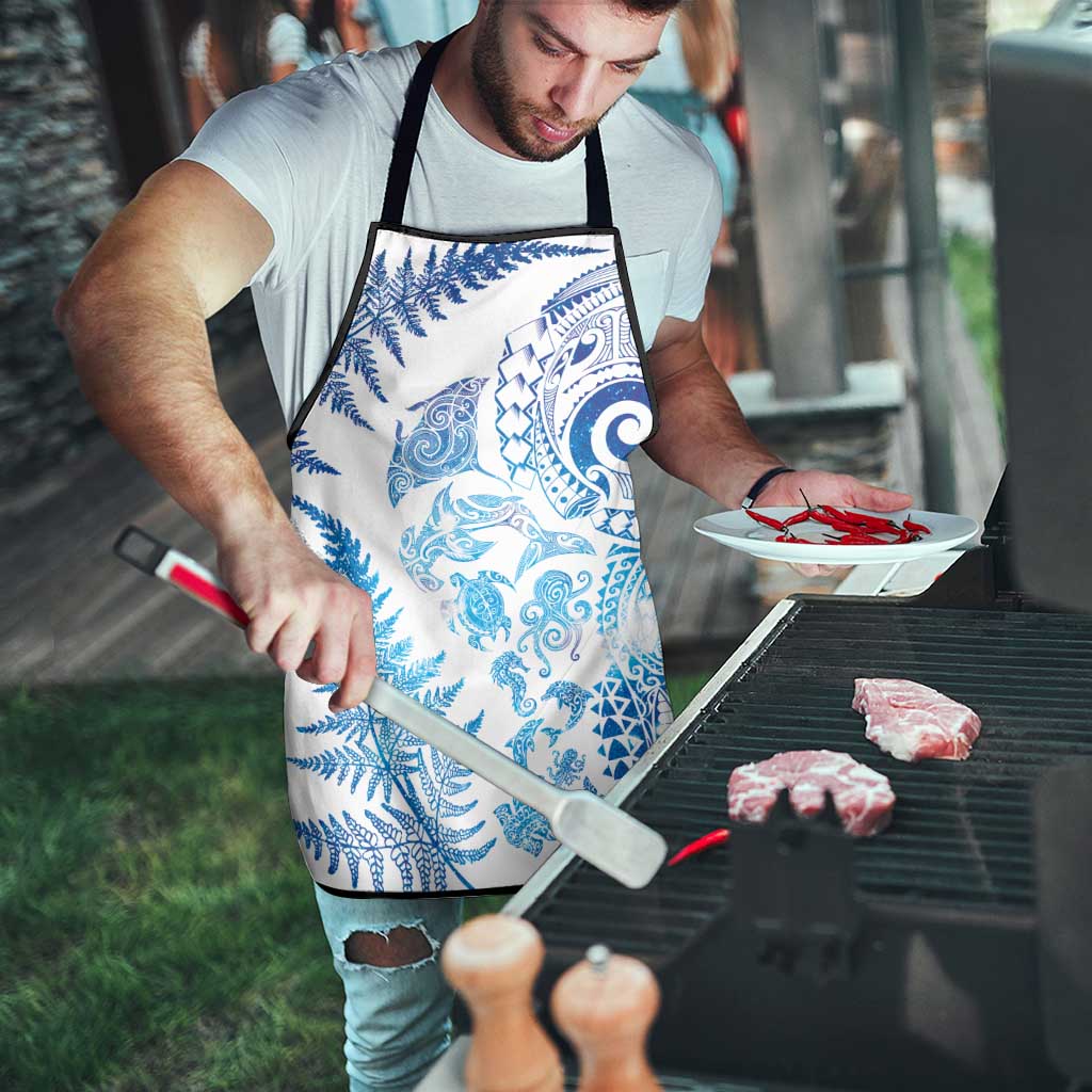 New Zealand Sea Animals Apron with Maori Koru Tribal Tattoo and Silver Ferns Galaxy Style