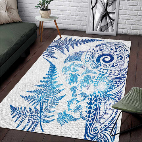 New Zealand Sea Animals Area Rug with Maori Koru Tribal Tattoo and Silver Ferns Galaxy Style