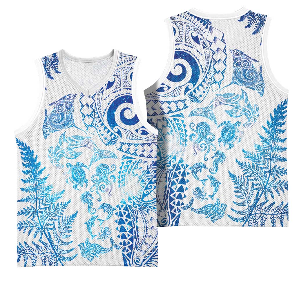 New Zealand Sea Animals Basketball Jersey with Maori Koru Tribal Tattoo and Silver Ferns Galaxy Style