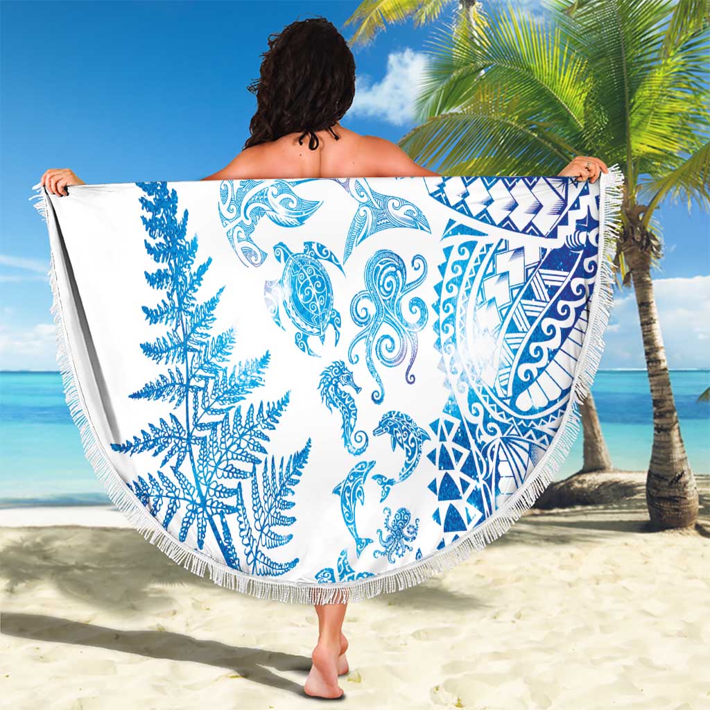 New Zealand Sea Animals Beach Blanket with Maori Koru Tribal Tattoo and Silver Ferns Galaxy Style