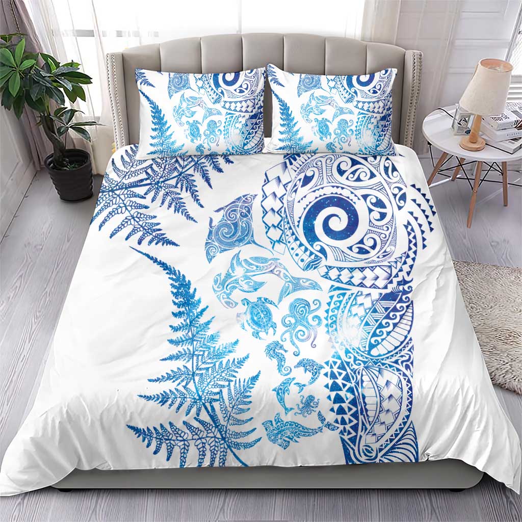 New Zealand Sea Animals Bedding Set with Maori Koru Tribal Tattoo and Silver Ferns Galaxy Style