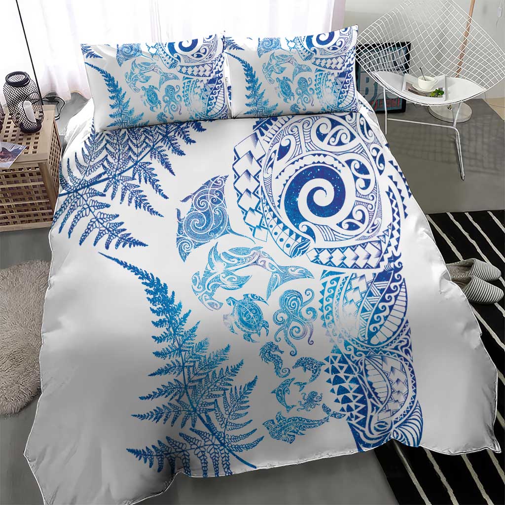 New Zealand Sea Animals Bedding Set with Maori Koru Tribal Tattoo and Silver Ferns Galaxy Style