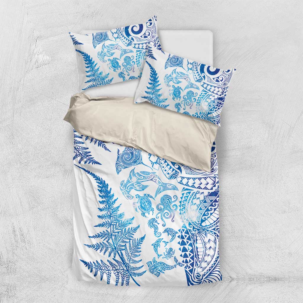 New Zealand Sea Animals Bedding Set with Maori Koru Tribal Tattoo and Silver Ferns Galaxy Style