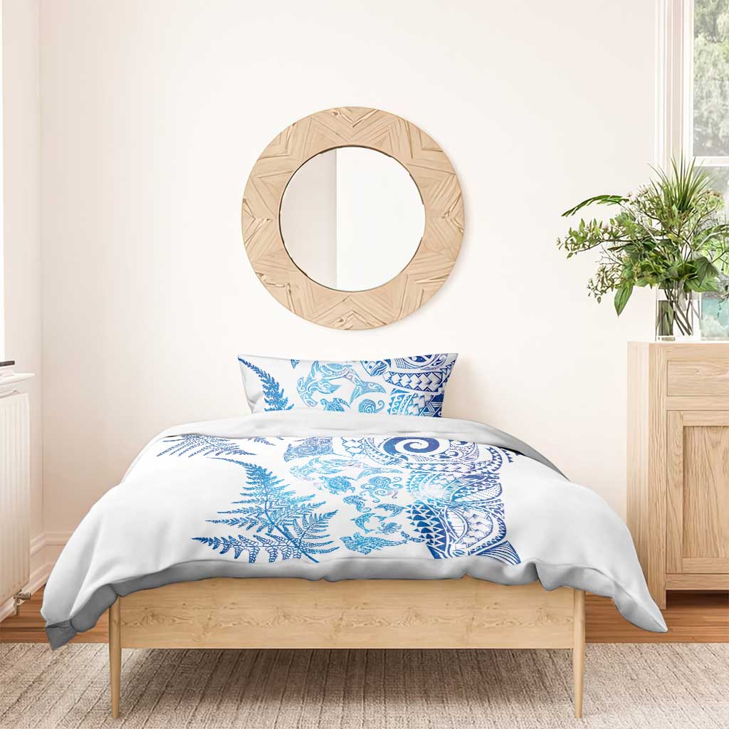 New Zealand Sea Animals Bedding Set with Maori Koru Tribal Tattoo and Silver Ferns Galaxy Style