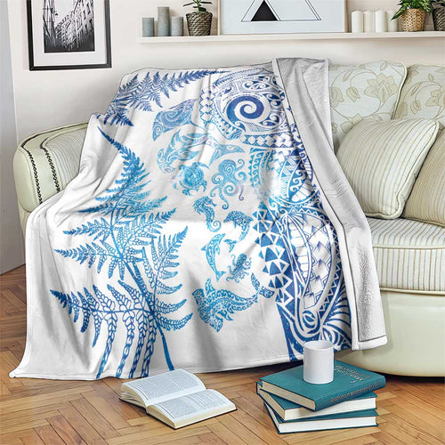 New Zealand Sea Animals Blanket with Maori Koru Tribal Tattoo and Silver Ferns Galaxy Style