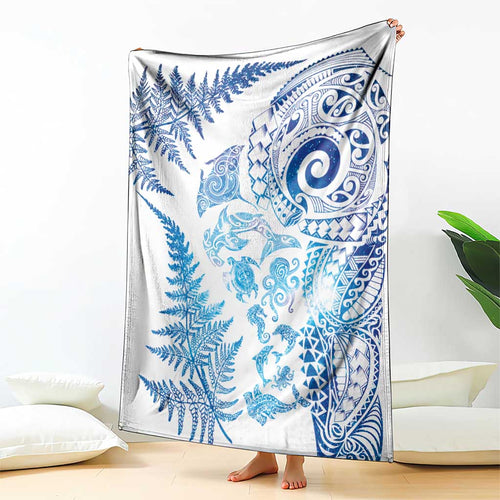 New Zealand Sea Animals Blanket with Maori Koru Tribal Tattoo and Silver Ferns Galaxy Style