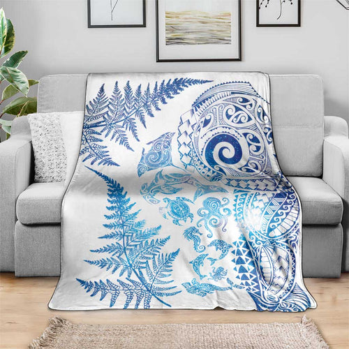 New Zealand Sea Animals Blanket with Maori Koru Tribal Tattoo and Silver Ferns Galaxy Style
