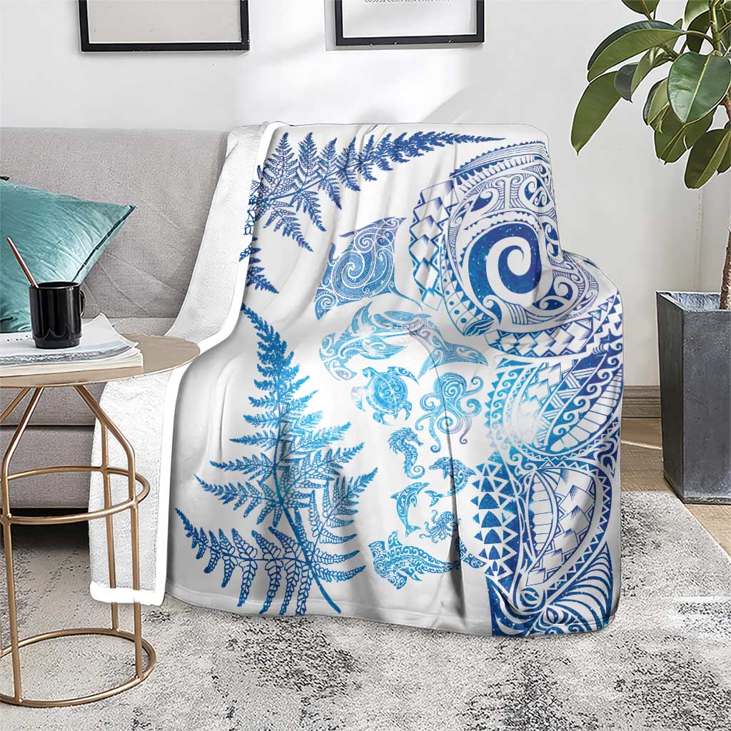 New Zealand Sea Animals Blanket with Maori Koru Tribal Tattoo and Silver Ferns Galaxy Style