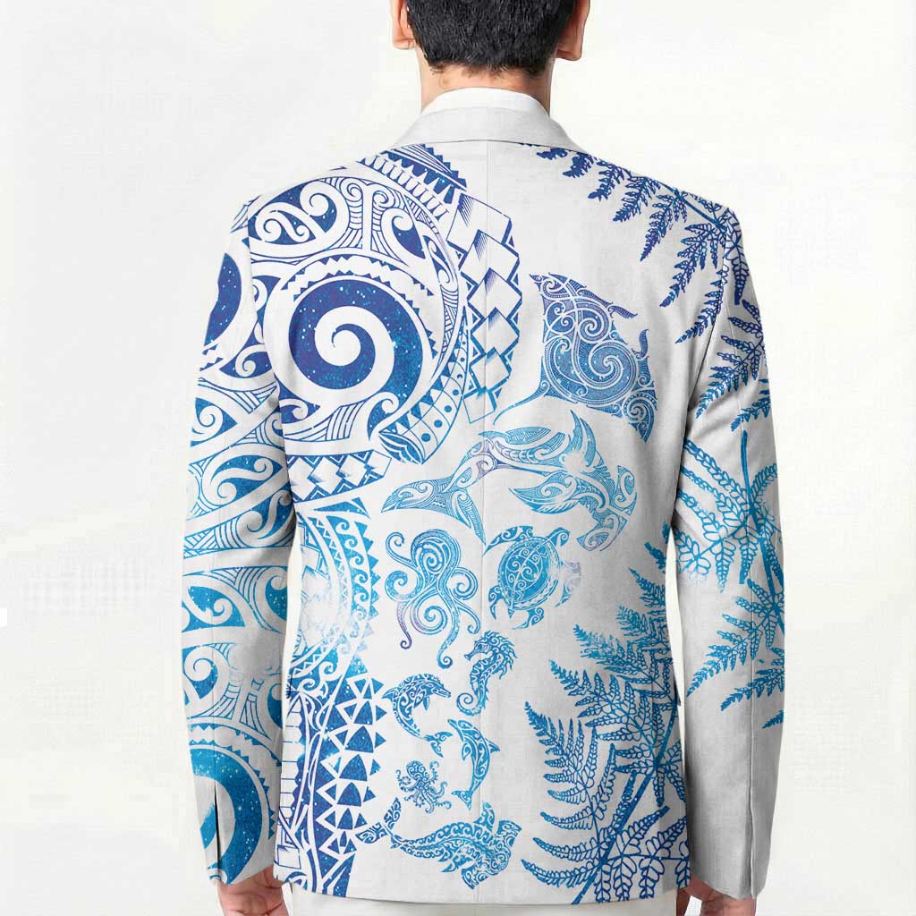 New Zealand Sea Animals Blazer with Maori Koru Tribal Tattoo and Silver Ferns Galaxy Style