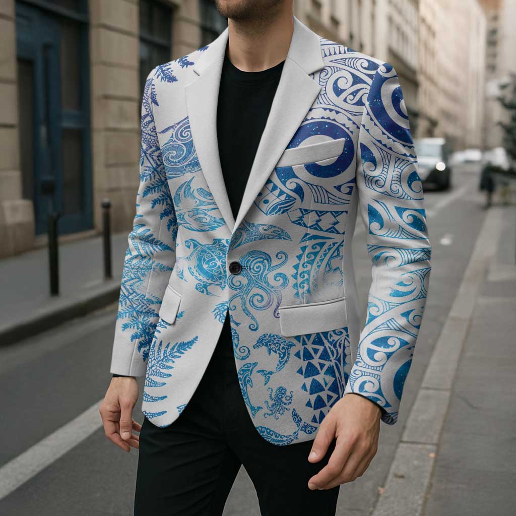 New Zealand Sea Animals Blazer with Maori Koru Tribal Tattoo and Silver Ferns Galaxy Style