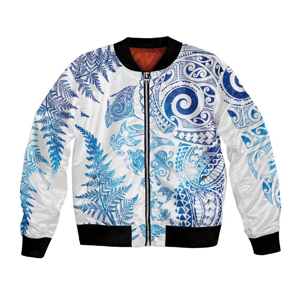 New Zealand Sea Animals Bomber Jacket with Maori Koru Tribal Tattoo and Silver Ferns Galaxy Style