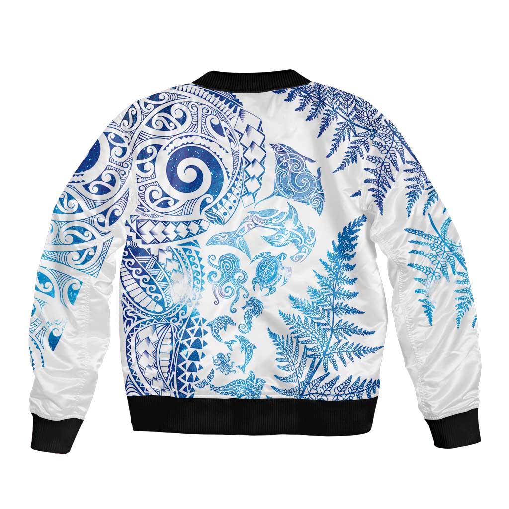 New Zealand Sea Animals Bomber Jacket with Maori Koru Tribal Tattoo and Silver Ferns Galaxy Style