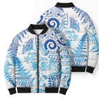 New Zealand Sea Animals Bomber Puffer Jacket with Maori Koru Tribal Tattoo and Silver Ferns Galaxy Style