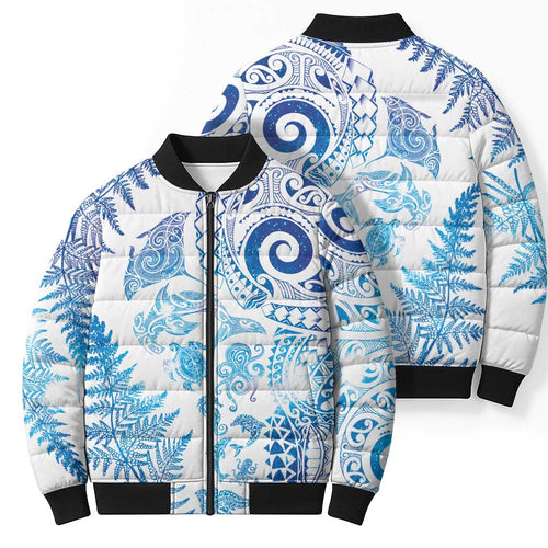New Zealand Sea Animals Bomber Puffer Jacket with Maori Koru Tribal Tattoo and Silver Ferns Galaxy Style