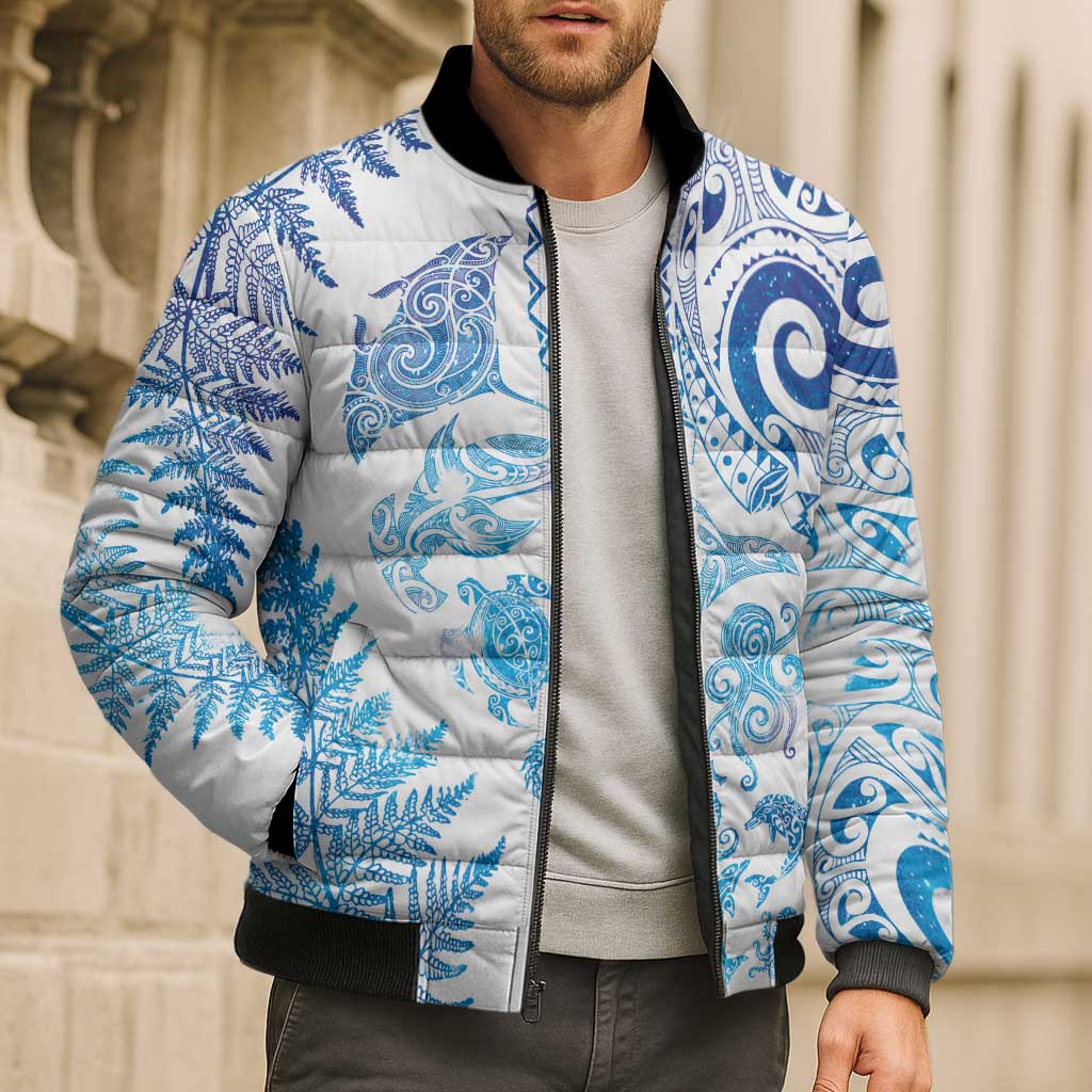 New Zealand Sea Animals Bomber Puffer Jacket with Maori Koru Tribal Tattoo and Silver Ferns Galaxy Style