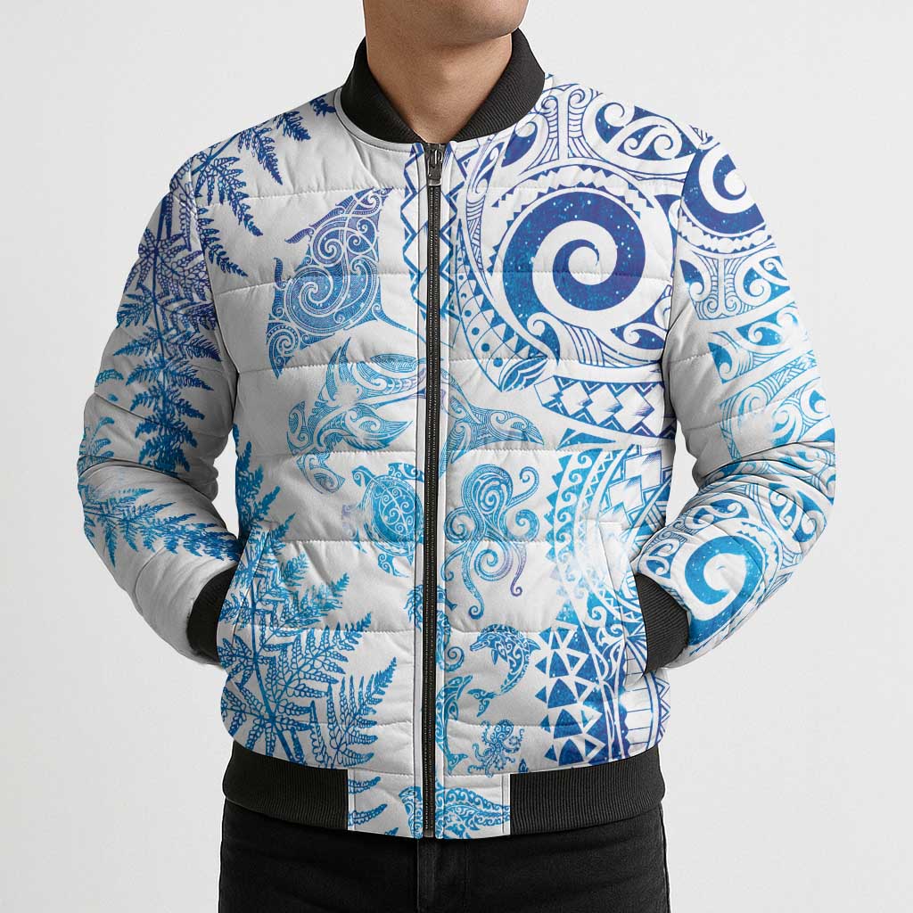 New Zealand Sea Animals Bomber Puffer Jacket with Maori Koru Tribal Tattoo and Silver Ferns Galaxy Style