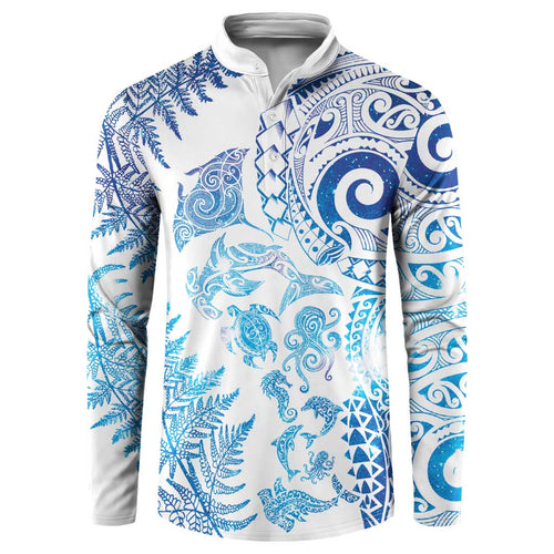 New Zealand Sea Animals Button Sweatshirt with Maori Koru Tribal Tattoo and Silver Ferns Galaxy Style