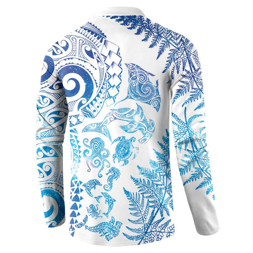 New Zealand Sea Animals Button Sweatshirt with Maori Koru Tribal Tattoo and Silver Ferns Galaxy Style