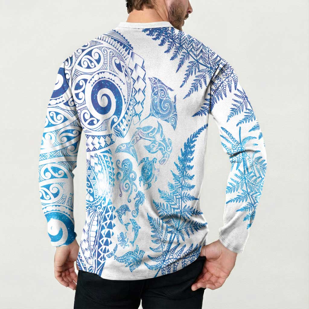 New Zealand Sea Animals Button Sweatshirt with Maori Koru Tribal Tattoo and Silver Ferns Galaxy Style