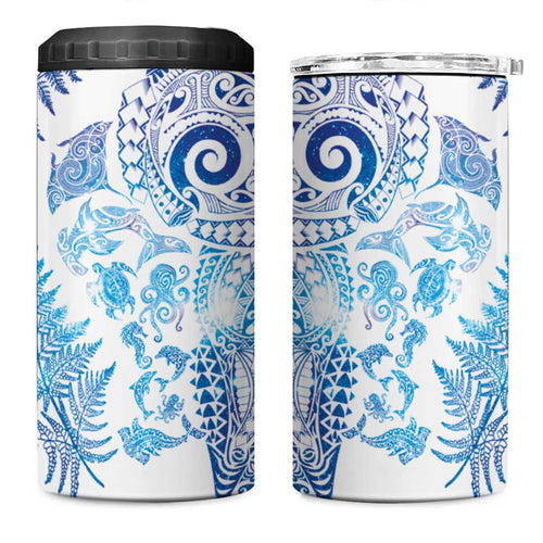 New Zealand Sea Animals 4 in 1 Can Cooler Tumbler with Maori Koru Tribal Tattoo and Silver Ferns Galaxy Style