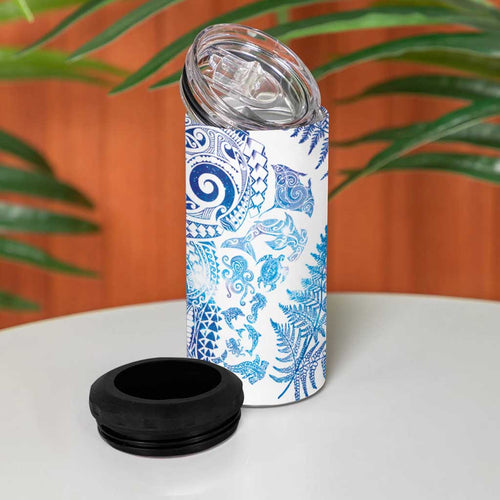 New Zealand Sea Animals 4 in 1 Can Cooler Tumbler with Maori Koru Tribal Tattoo and Silver Ferns Galaxy Style