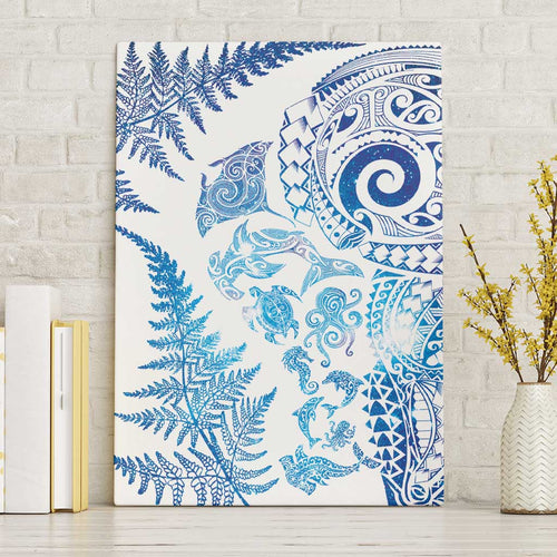 New Zealand Sea Animals Canvas Wall Art with Maori Koru Tribal Tattoo and Silver Ferns Galaxy Style