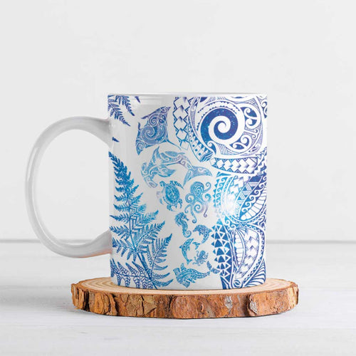 New Zealand Sea Animals Ceramic Mug with Maori Koru Tribal Tattoo and Silver Ferns Galaxy Style