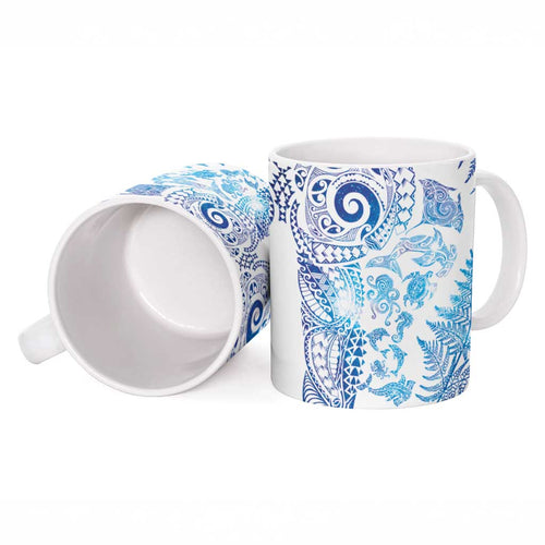 New Zealand Sea Animals Ceramic Mug with Maori Koru Tribal Tattoo and Silver Ferns Galaxy Style