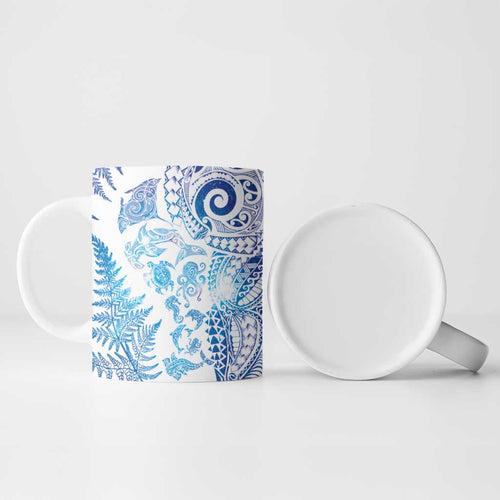 New Zealand Sea Animals Ceramic Mug with Maori Koru Tribal Tattoo and Silver Ferns Galaxy Style