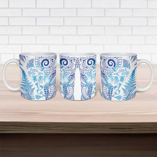 New Zealand Sea Animals Ceramic Mug with Maori Koru Tribal Tattoo and Silver Ferns Galaxy Style