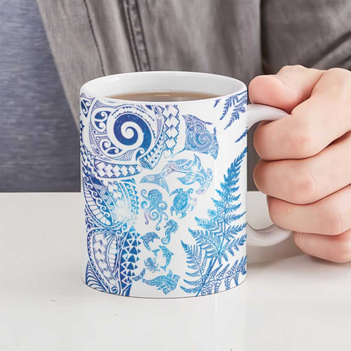 New Zealand Sea Animals Ceramic Mug with Maori Koru Tribal Tattoo and Silver Ferns Galaxy Style
