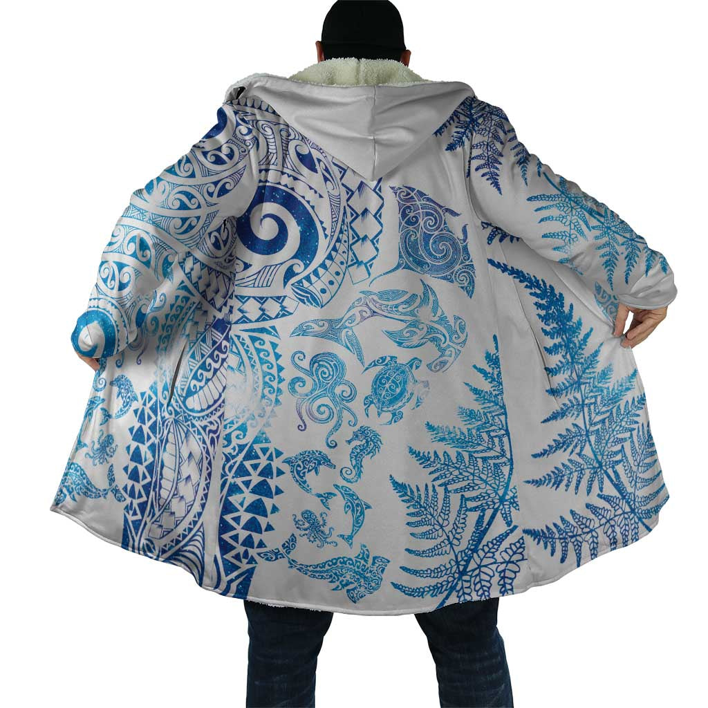 New Zealand Sea Animals Cloak with Maori Koru Tribal Tattoo and Silver Ferns Galaxy Style