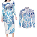 New Zealand Sea Animals Couples Matching Long Sleeve Bodycon Dress and Long Sleeve Button Shirt with Maori Koru Tribal Tattoo and Silver Ferns Galaxy Style