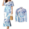 New Zealand Sea Animals Couples Matching Mermaid Dress and Long Sleeve Button Shirt with Maori Koru Tribal Tattoo and Silver Ferns Galaxy Style