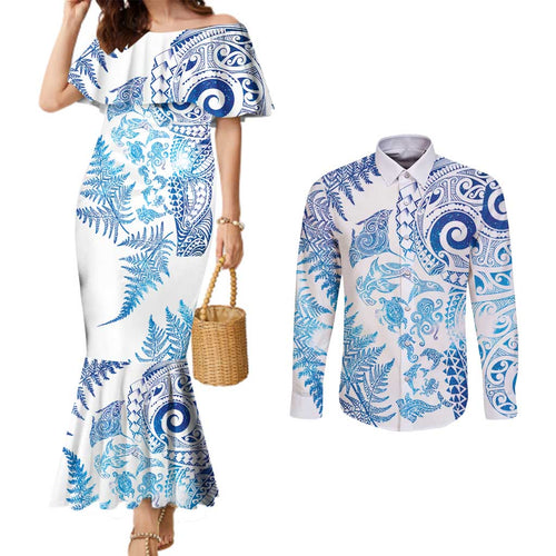 New Zealand Sea Animals Couples Matching Mermaid Dress and Long Sleeve Button Shirt with Maori Koru Tribal Tattoo and Silver Ferns Galaxy Style